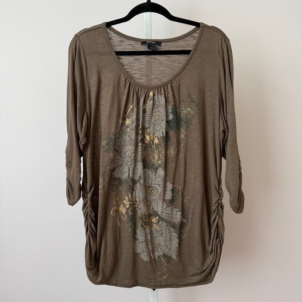 Style&co Woman 1X Brown Tunic Top Floral Studded Ruched Blouse‎ Boho Cottage